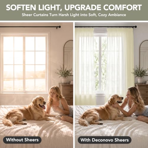 Deconovo Beige Translucent Curtains for Living Room and Bedroom, Modern Curtains 140 x 225 cm, 2 Pieces with Ruched Tape, Linen Effect Curtains, Soft Light and Elegant Finish
