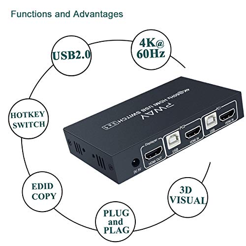 2 Port KVM Switch HDMI 2X1, Ultra HD 4K@60Hz, Support USB 2.0 Hub and Wireless Keyboard and Mouse, Hotkey Switch with 2 HDMI and 2 USB Cables