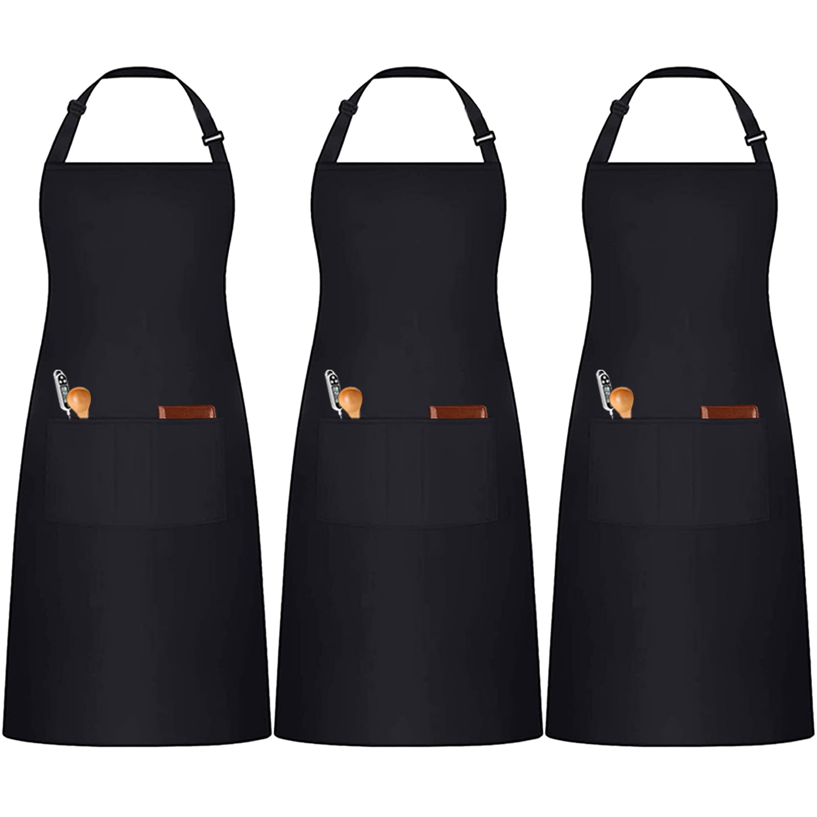 umboom 3 Pack Black Chef Apron, Adjustable Kitchen Apron with 3 Pockets for Men Women, Professional Work Apron for Catering Cooking Baking Cleaning, Server Hairstylist Apron (Polycotton - Black)