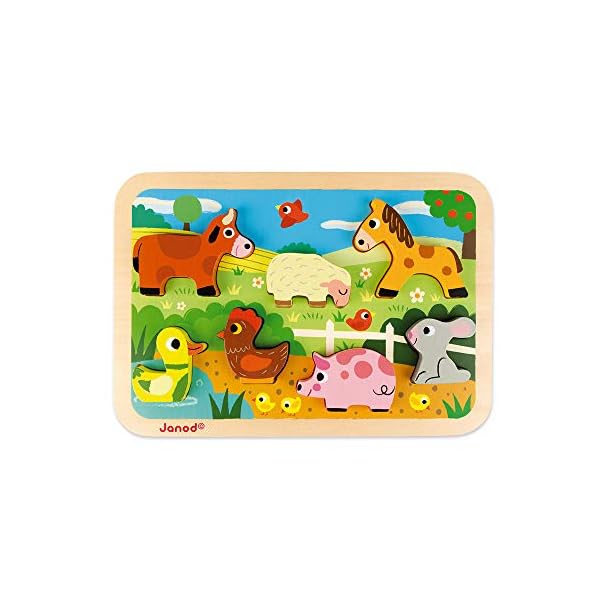 Janod Chunky-Puzzle aus Holz, Bauernhoftiere, 7 Teile, Entwicklung der Feinmotorik und Konzentration, ab 18 Monaten, J07055 – Bild 3