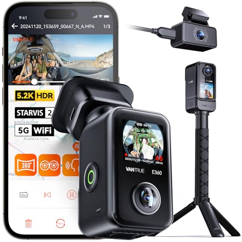 VANTRUE E360 ACE 5.2K Panorama + 1944P Dashcam with Dual STARVIS 2 HDR Night Vision, 3 Channel 360° Dash Cam with Portable Carrying Stand, Voice Controlled Car Camera, App