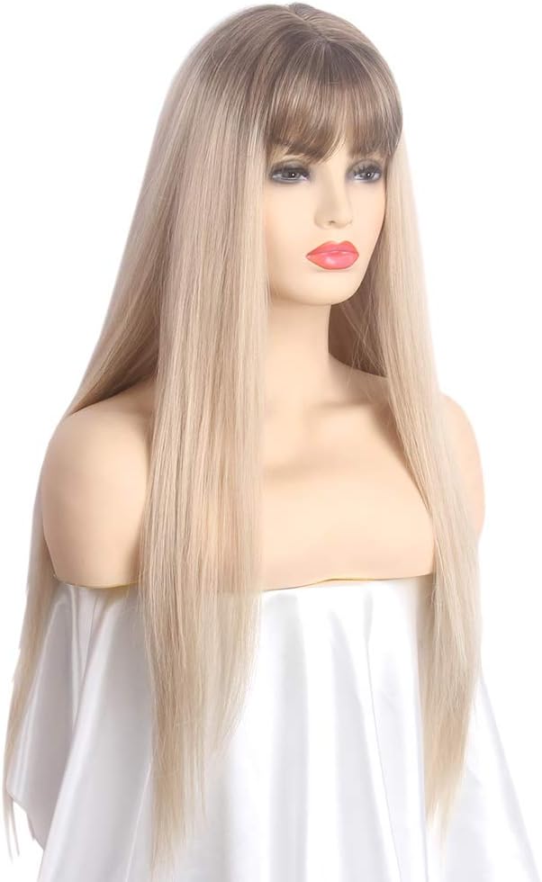 STfantasy Ombre Wigs Brown to Ash Blonde Long Straight with Natural Bangs Density Synthetic Hair Weave Full Wigs for Women Everyday