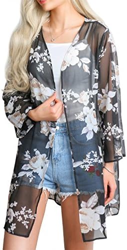 GESSY Cover Ups Women,Cover up for Swimwear Women, Ladies Full Sleeve Sheer Chiffon White Floral Printed Beachwear Swimsuit Bikini Beach Short Oversize Coverups Black XXL