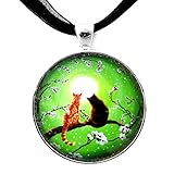 Laura Milnor Iverson Orange Tabby Black Cats Pendant Necklace Green Zen Moon Cherry Blossoms Handmade Jewelry