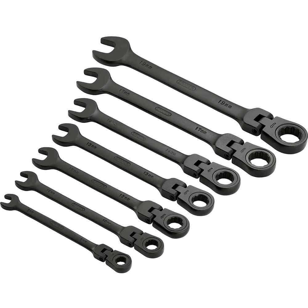 Draper 7 Piece Flexible Head Combination Spanner Set - 15087 - Ratcheting Metric Tool Kit, Black