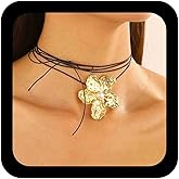 Erimberate Bohemian Textured Flower Choker Necklace Gold Pearl Flower Pendant Necklaces Long Black Wax Rope Chain Necklaces Pearl Floral Wax Cord Collar Necklace Jewelry for Women