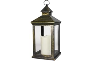 Bright Zeal 14" Tall Vintage Decorative Lantern With LED Pillar Candle (Distressed Gold, Batteries Included) - Outdoor Lanterns Decorative Hanging - Battery Lantern With Timer - Vintage Candle Lantern