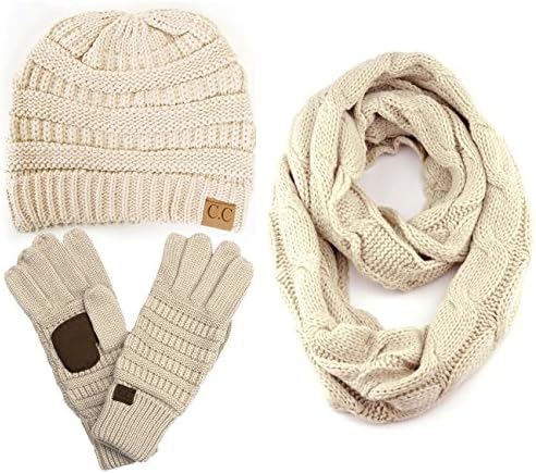 ScarvesMe CC 3pc Set Trendy Warm Chunky Soft Stretch Cable Knit Beanie Scarves Gloves Set