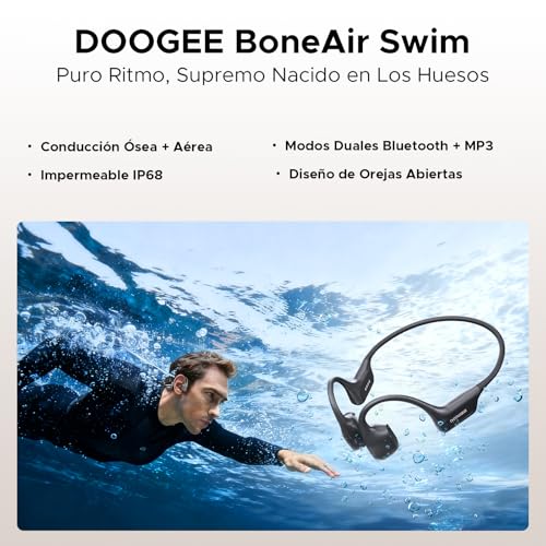 DOOGEEEco Swimming Headphones IP68, Waterproof Bone Conduction Headphones Bluetooth 5.4, 64 GB MP3, 10 h Battery, for Swimming, Running, Gym, Water Sports and Training, Dark Grey