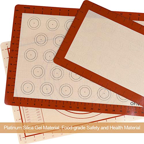 OFNMY Silicone Baking Mat with Measurements - Set of 3 100% Non Stick Baking Mats, Pastry Mat & Macaroon Silicone Mat - 2 Half Sheet Liners and 1 Quarter Sheet Silicone Mat for Baking Pan, Dough Rolli