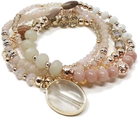 JADE POP - Women's Multicolored Beaded Stretch Stackable Chain Bracelet Set with Charm - Rose Gold Stone Pendant