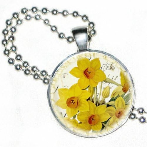 Yellow Daffodils on Silver Plated Pendant w/ 24" Silver Plated Ball Chain