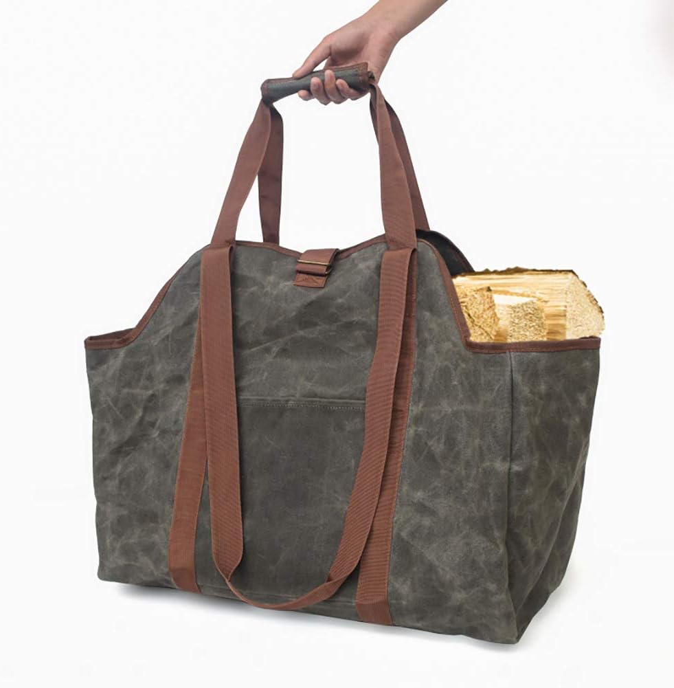 Firewood Log Carrier Tote Bag with Handles and Shoulder Strap, Waxed Canvas Firewood