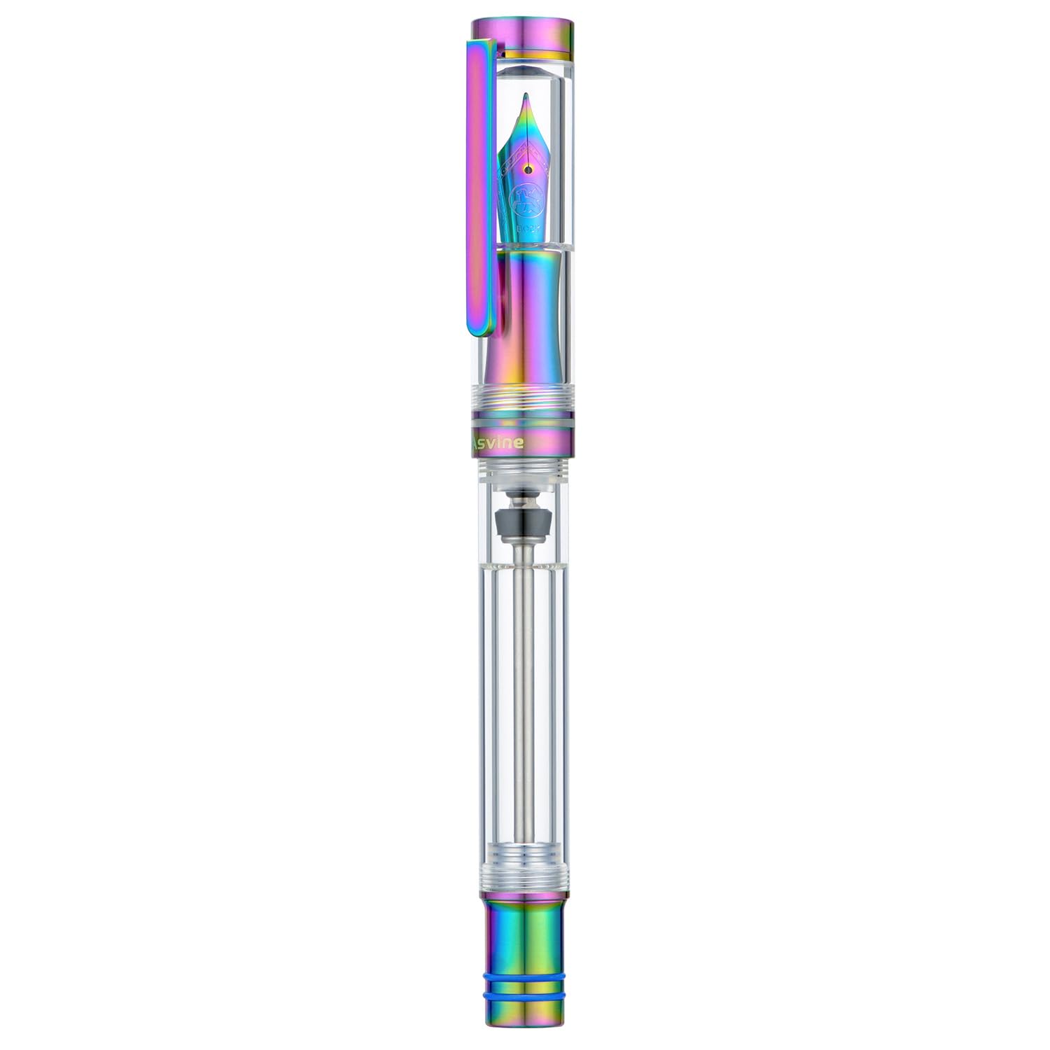 Asvine V200 Titanium Fountain Pen with Vacuum Filling, Fine Rainbow Acrylic Clear Smooth Nib, Writing Pen Case