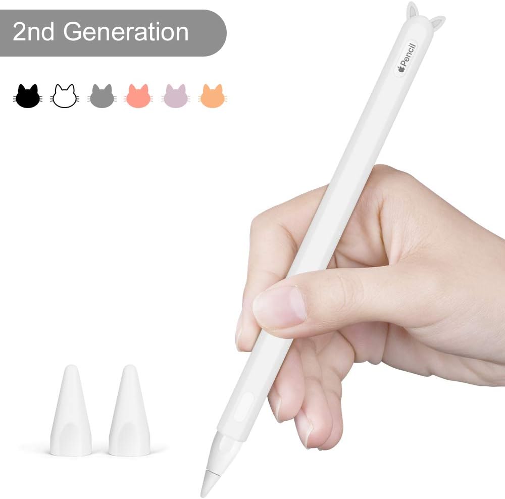 Silicone Case for Apple Pencil 2nd Generation Holder Sleeve Skin Pocket Cover Accessories Kit for iPad Pro 11 12.9 inch 2018, Cute Soft Grip Pouch Cap Holder and 2 Protective Nib Covers (White)