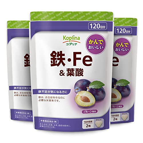 鉄・Fe＆葉酸 240粒 3袋セット360日分【タブレット/チュアブル/貯蔵鉄/鉄分/プルーン風味/おいしい/健康/サプリ/サプリメント/栄養補助食品/安心国内製造/コプリナ】商品画像