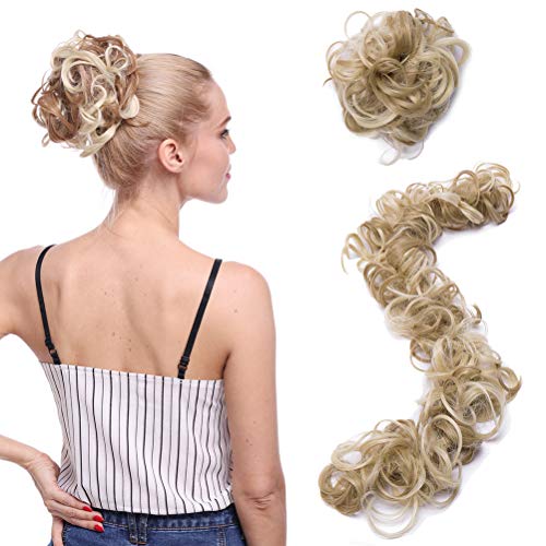 32″ Wrap Around Clip in Bun Scrunchy Updo Hairpiece Ponytail Hair Extensions Wavy Donut Chignons-ash blonde & bleach blonde