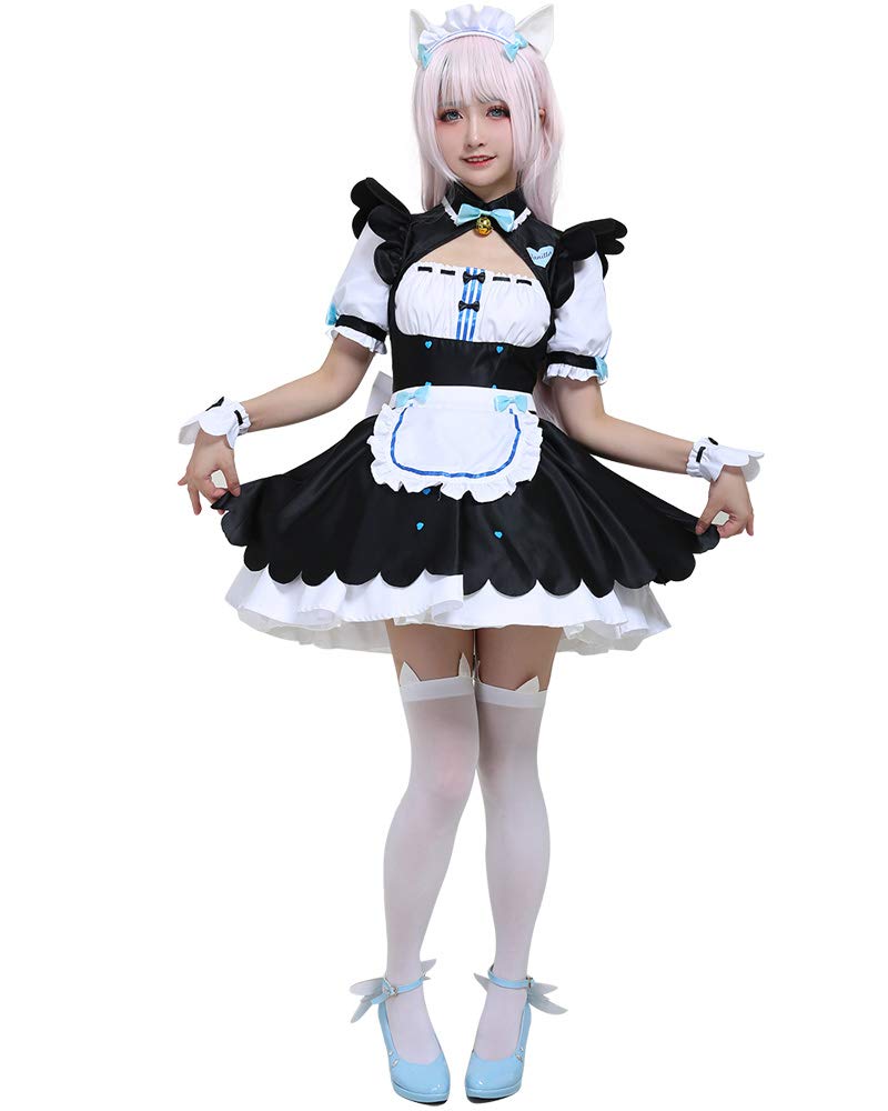 Cosplay.fm Women‘s Vanilla Cosplay Costume Maid Lolita Dress with Apron Petticoat Cat Ears Tail