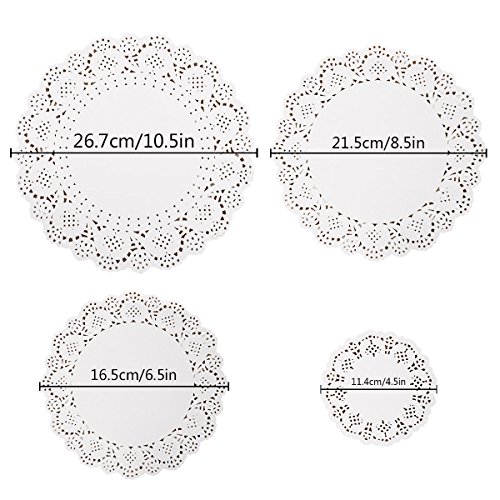 400-pack Round Lace Paper Doilies Decorative White Doily Lace Paper for Packaging Cake Pastry and Cookie (100-pack 4.5 Inch, 100-pack 6.5 Inch, 100-pack 8.5 Inch and 100-pack 10.5 Inch)