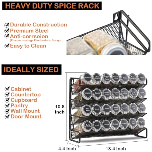 GANGHUI Spice Jars 4-Tier Stackable Spice Racks with 28 Glass Spice Jars, Seasoning Bottle Organizer with 386 Labels with Chalk Marker and Funnel Complete Set for Countertop, Cabinet or Wall Mount