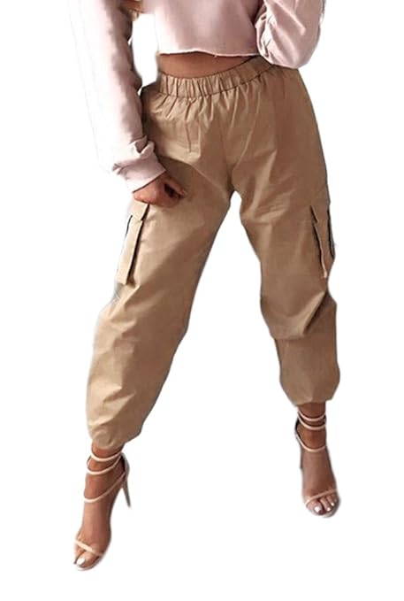 Hzikk Pantalones De Cintura Alta Pantalones Side Mujeres Bolsillo