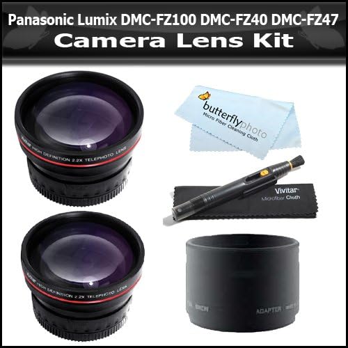 Vivitar Lens Kit For Panasonic Lumix DMC-FZ100 DMC-FZ40 DMC-FZ47 Digital Camera Includes 0.45X Professional Wide Angle HD Lens with Macro + 2x HD Telephoto Lens + Lens Adapter + Lens Pen Cleaning Kit + ButterflyPhoto MicroFiber Cleaning Cloth