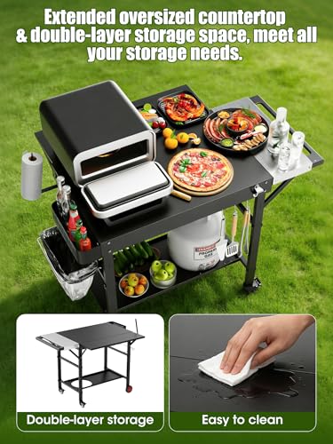 Outdoor Pizza Oven Table, Expansive Countertop Pizza Oven Stand for Party, Movable Kitchen Cooking Prep BBQ Cart with Wheels, Solid and Sturdy Grill Table, Fits Ooni Blackstone Ninja Cuisinart Gozney