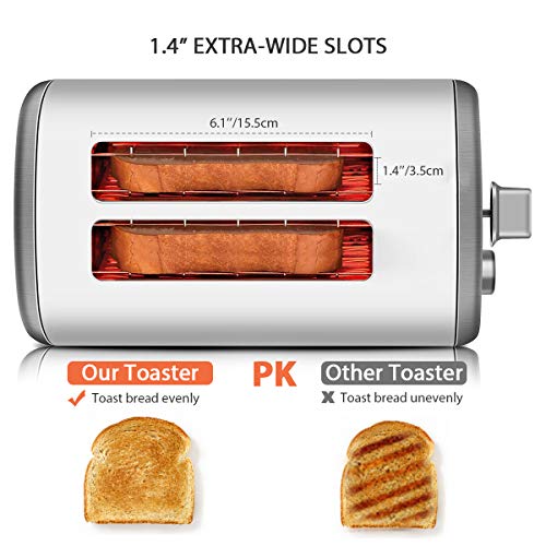 2 Slice Toaster, Stainless Steel Toasters Cool Touch with Extra-Wide Slots, Defrost/Reheat/Cancel Function, 7 Browning Dials and Removable Crumb Tray (Silver)