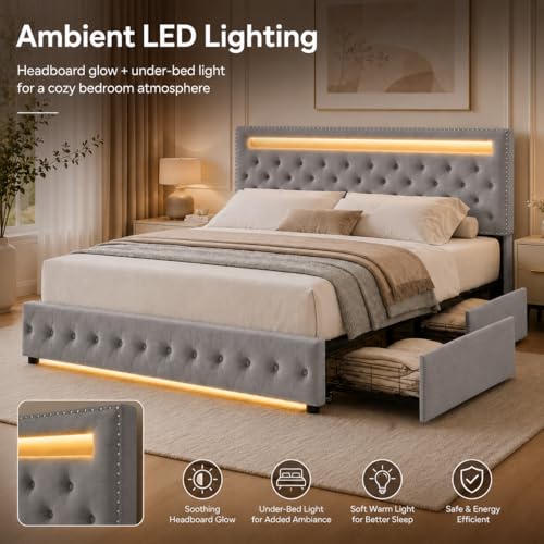 Queen Size LED Bed Frame with Adjustable Upholstered Headboard, LED Light Headboard Footboard, 4 Underbed Drawers, Wooden Slats Support, Metal Platform Bed Frame, No Box Spring Needed, Velvet Grey