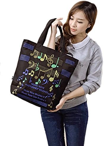 Lehope Women Girl's Music Symbol Cotton Canvas Tote Shopping Handbags with A Free Music Key Chain (Note Black)