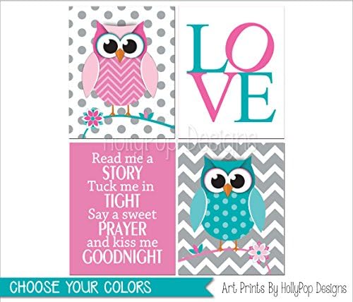 Girl owl art, Girl owl decor, Nursery art prints, Girl nursery decor, Pink turquoise ow nursery art, Baby girl wall decor, Read me a story, LOVE print - SET OF 4 UNFRAMED ART PRINTS #0417