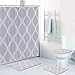 4 Piece Gray Geometric Patterned Shower Curtain Set with Non-Slip Rug, Toilet Lid Cover, Bath Mat and 12 Hooks, Curve Striped Waterproof Shower Curtain Set for Bathroom