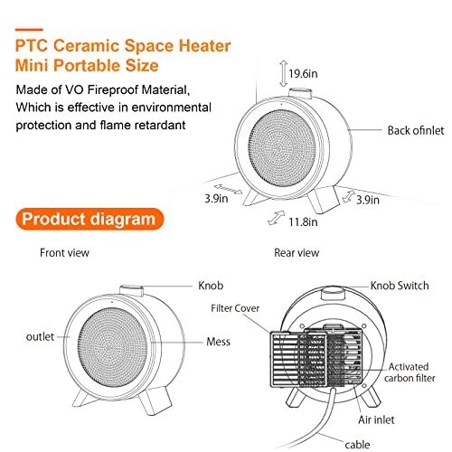 Heizlüfter Energiesparend,1000W PTC Keramik Heizlüfter mit Umkipp- und Überhitzungsschutz, 3s Quick Heating/3 Leistungsstufen/Geräuscharm, für das Büro Schlafzimmer