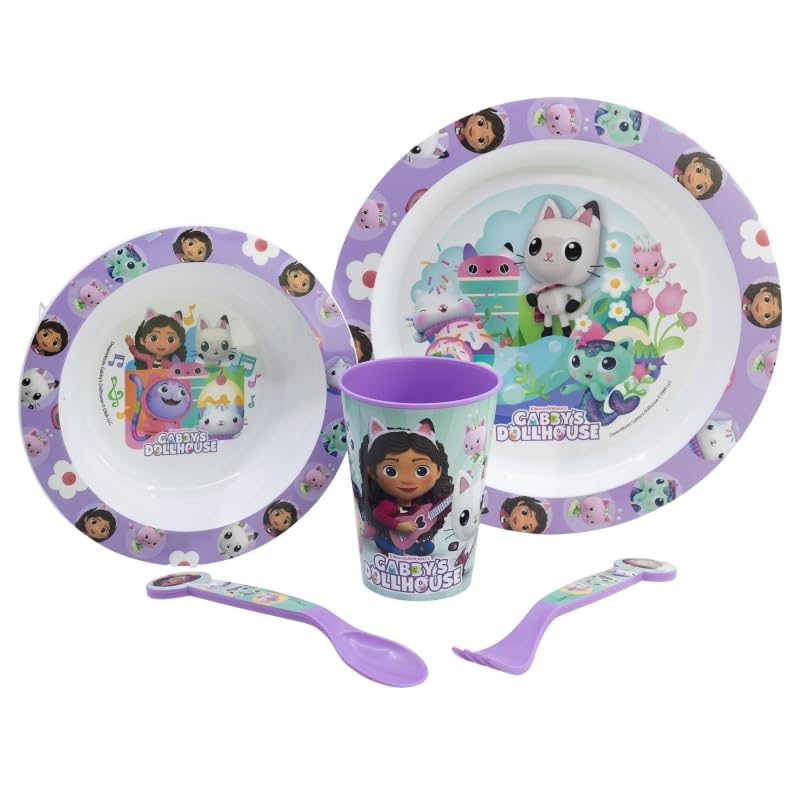 Microwave Safe 5pcs Character Animation 2023 Cartoon Dinner Tableware Set Plate, Bowl, Cup, Fork, Spoon BPA Free re-usable Plastic (Gabby's Dollhouse)
