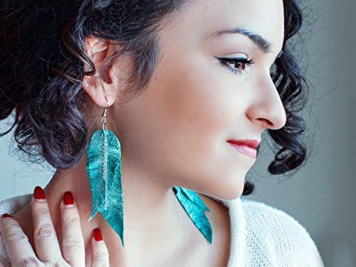 Emerald green turqoise Leather Feather Earrings, metallic layered earrings, tribal Earrings, Boho earrings, dangle earrings, long earrings