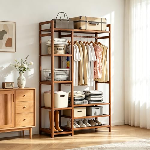 Perchero de Bambú Multiusos con 6 Niveles, Perchero para ropa Resistente con Barra para Colgar y Estantes de Almacenamiento, Adecuado para Dormitorio, Balcón y Lavandería,120 * 30 * 150CM（Marrón）