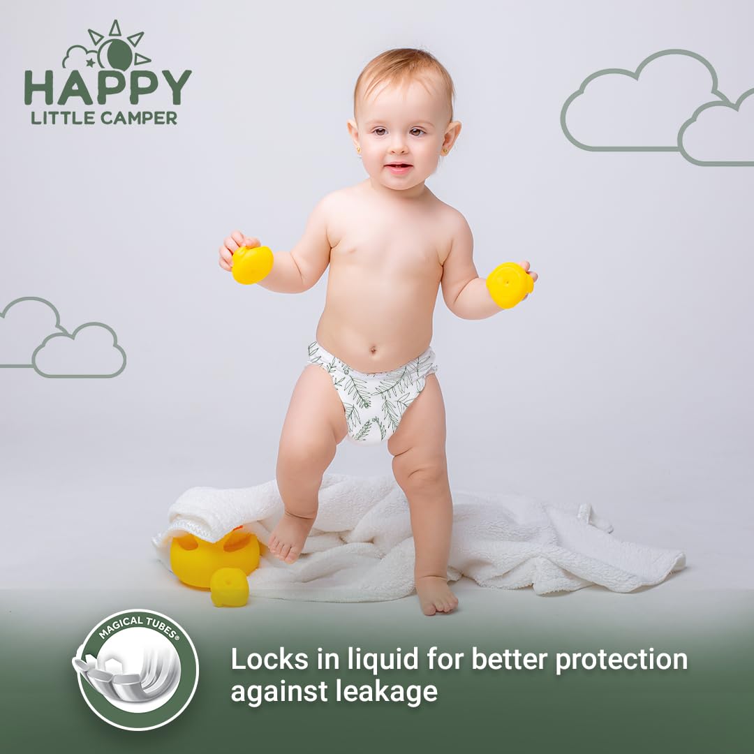 Happy Little Camper Ultra-Absorbent Natural Baby Diapers Size 2 - Hypoallergenic, Unscented & Chlorine-Free Disposable Diapers Safe for Sensitive Skin - Infant Diapers Monthly Pack - 216 Count