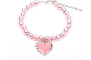 XKSRWE Dog Cat Pearls Necklace Collar with Rhinestones Heart Charm Pendant Pet Puppy Jewelry (Small, Pink)