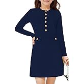 Haloumoning Girls Long Sleeve Sweater Dress Kids Casual Front Button A-Line Knit Fall Dresses 5-14 Years