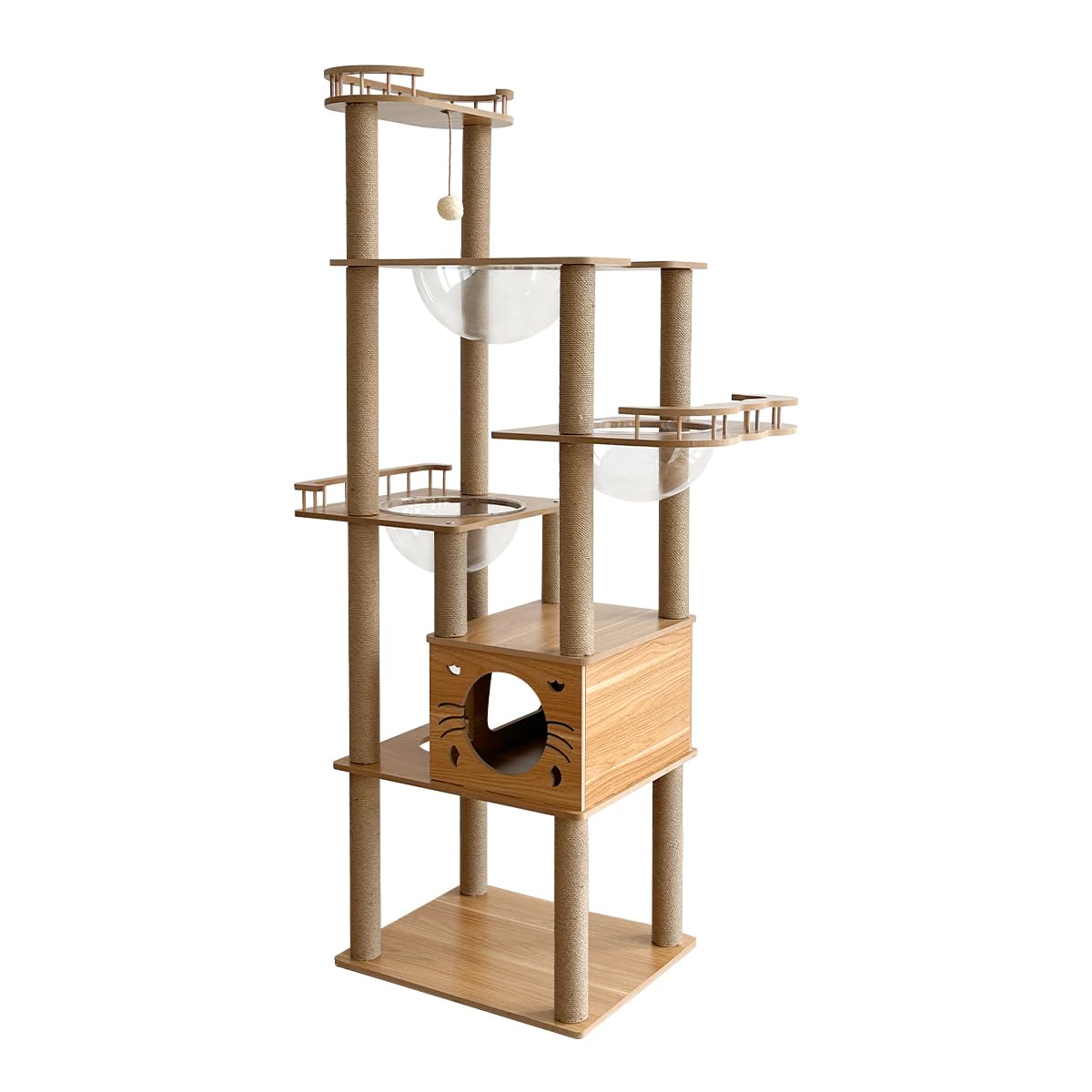 日本メーカー RAKU キャットタワー 宇宙船付き ハイタイプ 高さ約183.5 cm 木製 据え置き 多機能 爪とぎボール ホワイトコットン支柱 柵付き展望台 猫ハウス 四角型土台 高い安定性 大型猫用 多頭飼い 運動不足解消 お手入れ簡単 (木製タイプK)商品画像