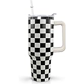 Ceovfoi Black and white Checkered Tumbler with Handle Lid and Straw,40 Oz Checkered Tumbler Water Bottle Travel Coffee Cup Mug,Checkered Gifts for Women Men
