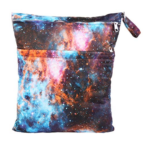 Sigzagor 2 Wet Bags Reusable Diaper Nappy Waterproof with Two Zippered Pockets (Stars and Galaxy)