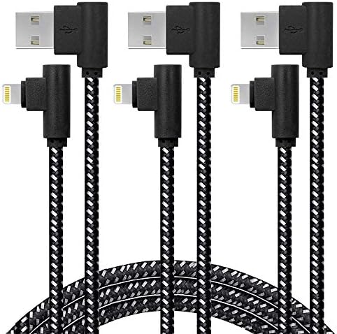 90 Degree Right Angle Nylon Braided USB Charger Cable 3 Pack of 3ft 6ft 10ft Fast charging Compatible with Phone X 8 Plus 7 Plus 6S Plus 6 Plus SE 5S 5C 5 or More(Black White)
