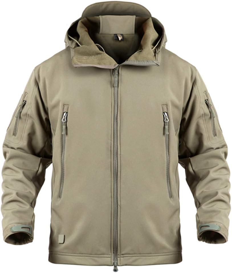 LASIUMIAT Men's Outdoor Tactical Jacket Fleece Softshell Hunting Hiking Waterproof Rain Coats Hooded Khaki