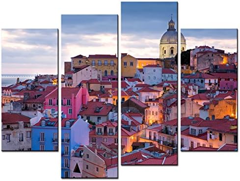 SmartWallArt® - City Landscape Paintings Wall Art Colorful Alfresco Lisbon under Blue Sky 4 Panel Picture Print on Canvas for Modern Home Decoration