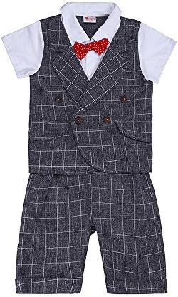 Baby Boys Suits,2Pcs Infant Short Sleeve Outfits Set with Plaid Pants &amp; Bowtie