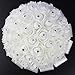 FIDDY898 Romantic Wedding Bride Holding Bouquet Roses with Crystal Diamond Ribbon Artificial Foam Flower Bouquet (White)
