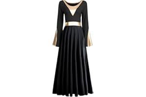 IMEKIS Women Metallic Color Block Liturgical Praise Dance Dress Bell Long Sleeve Lyrical Dancewear Gowns Worship Costume