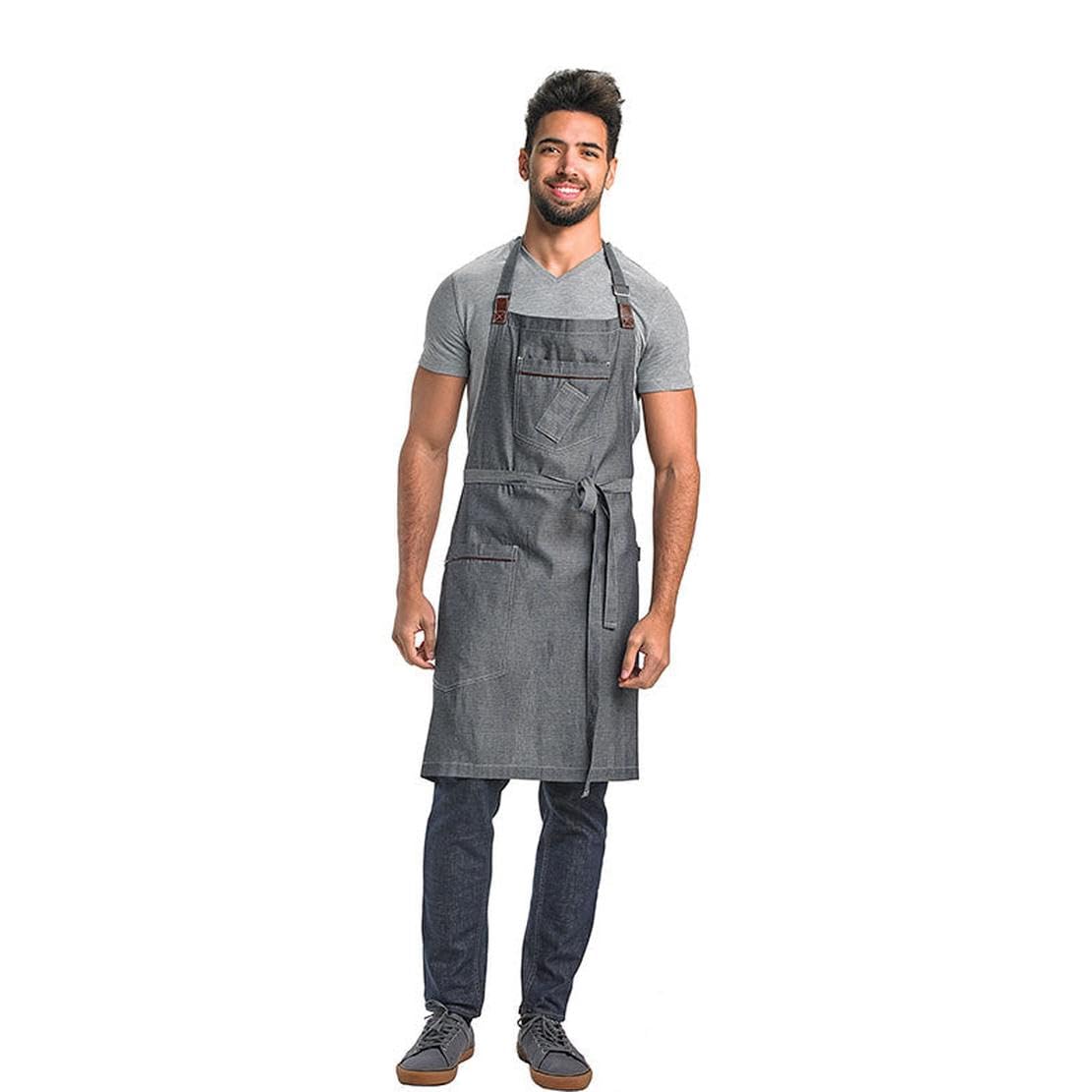 Mercer Culinary Metro Edge Flannery Bib Apron, Indigo Denim with Brown Leather Accents