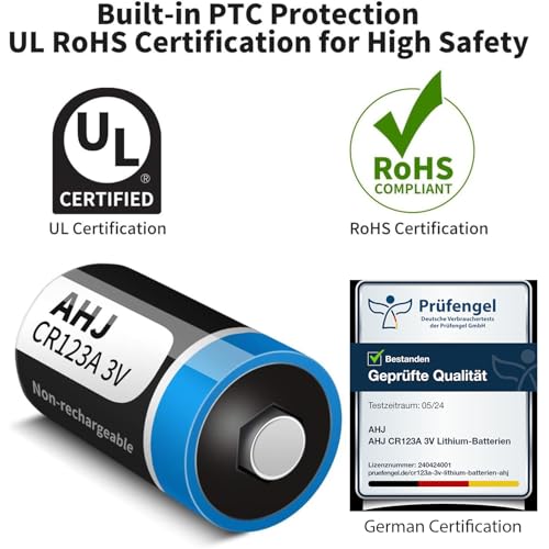 CR123A 3V Lithium Battery, 4 Pack 1600mAh CR123 CR17345 Battery with 10-Year Shelf Life UL Certification for Flashlight Alarm System etc, Non-Rechargeable, NOT for Arlo